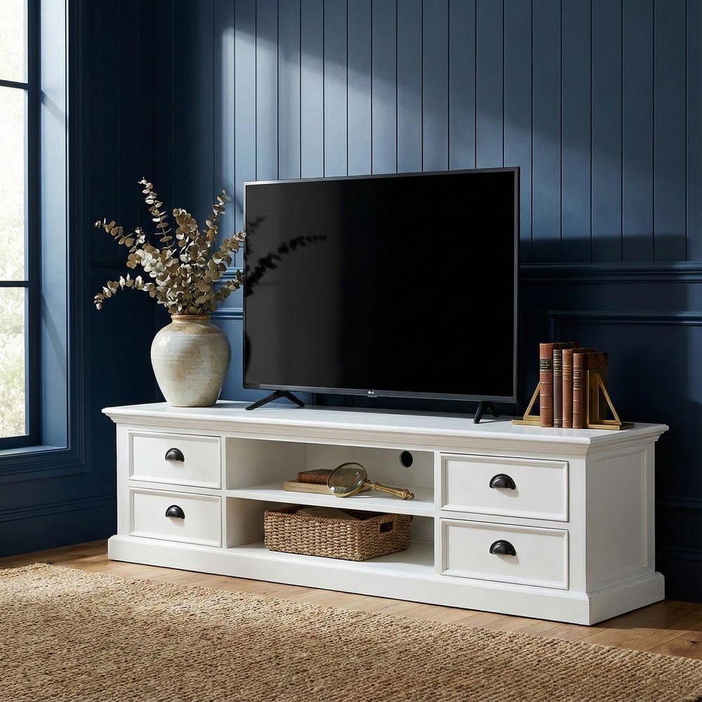 71" White Solid Wood Enclosed and Open Storage TV Stand