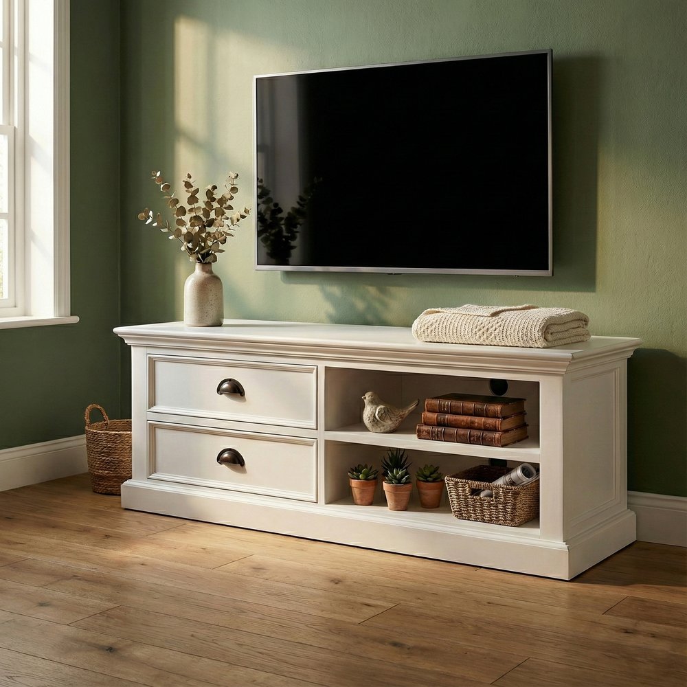 47" White Solid Wood Drawers and Open Shelving Entertainment Center