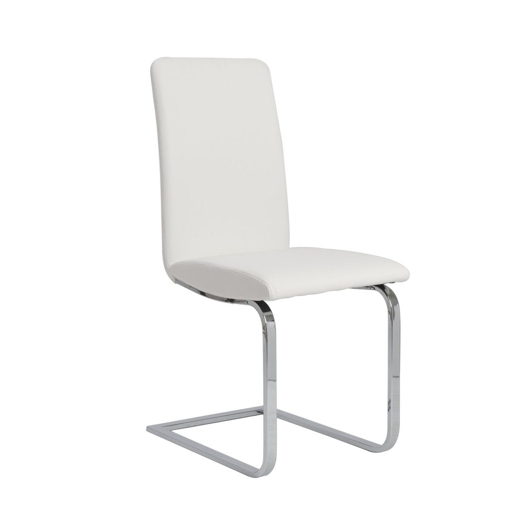 Set of Two White and Silver Upholstered Leather Dining Side Chairs