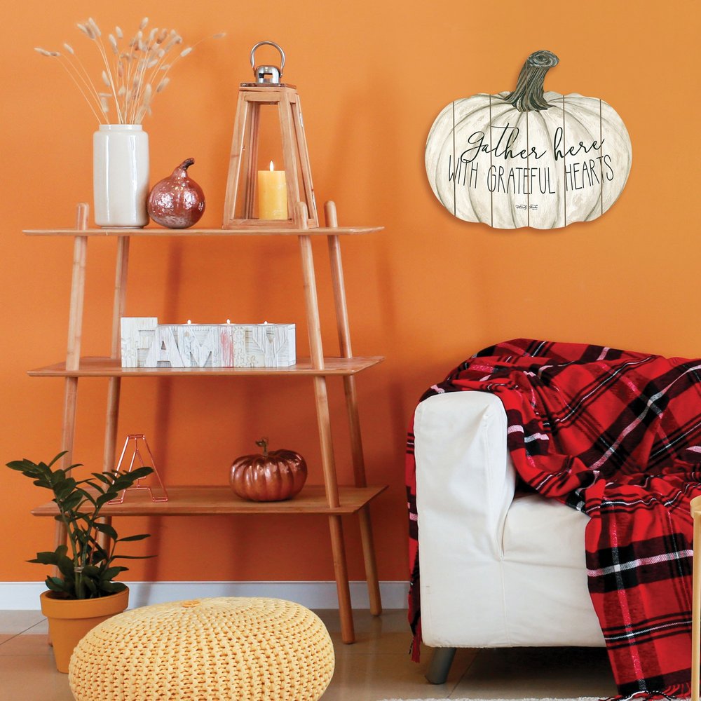 15" X 17" Cream Pumpkin Gather Here With Grateful Hearts Hanging Dimensional Sculpture