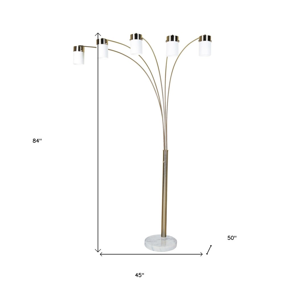 84" Gold And White Five Light Arched Floor Lamp With White Acrylic Drum Shade