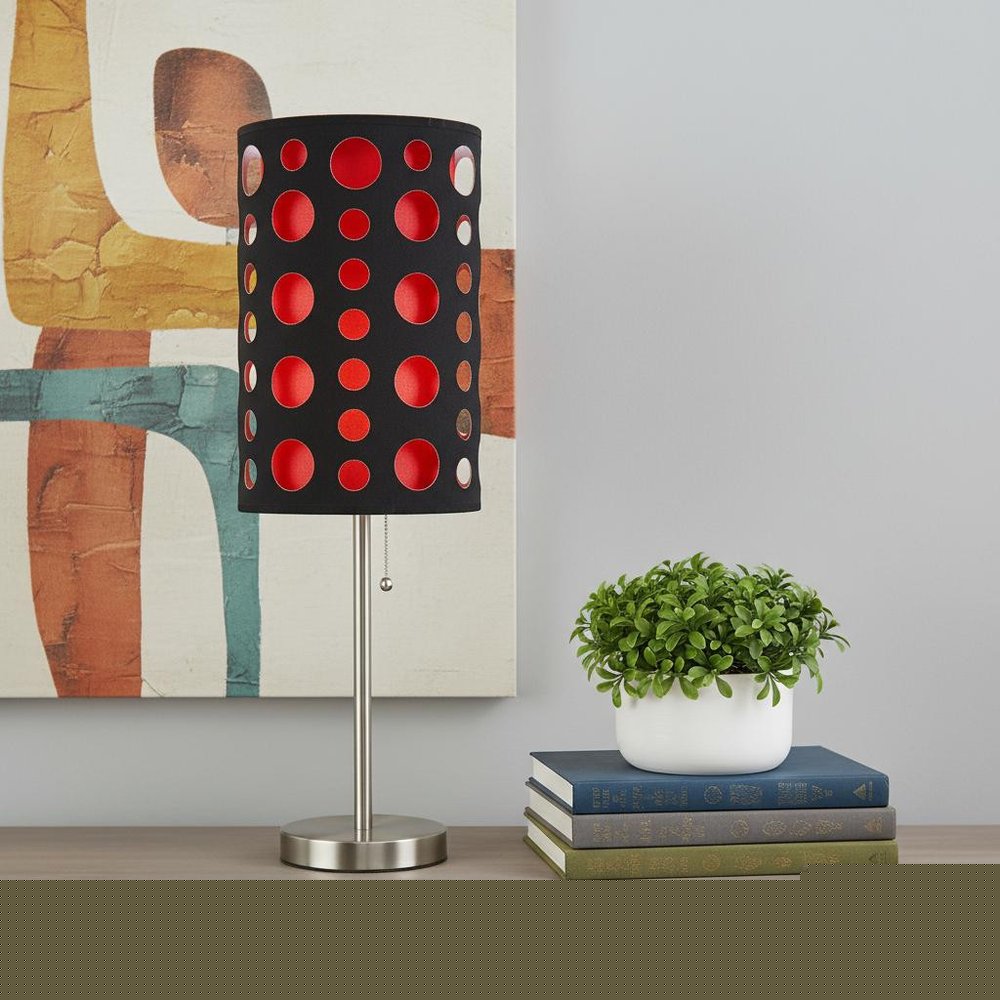 33" Steel Mod Table Lamp With Black And Red Drum Shade