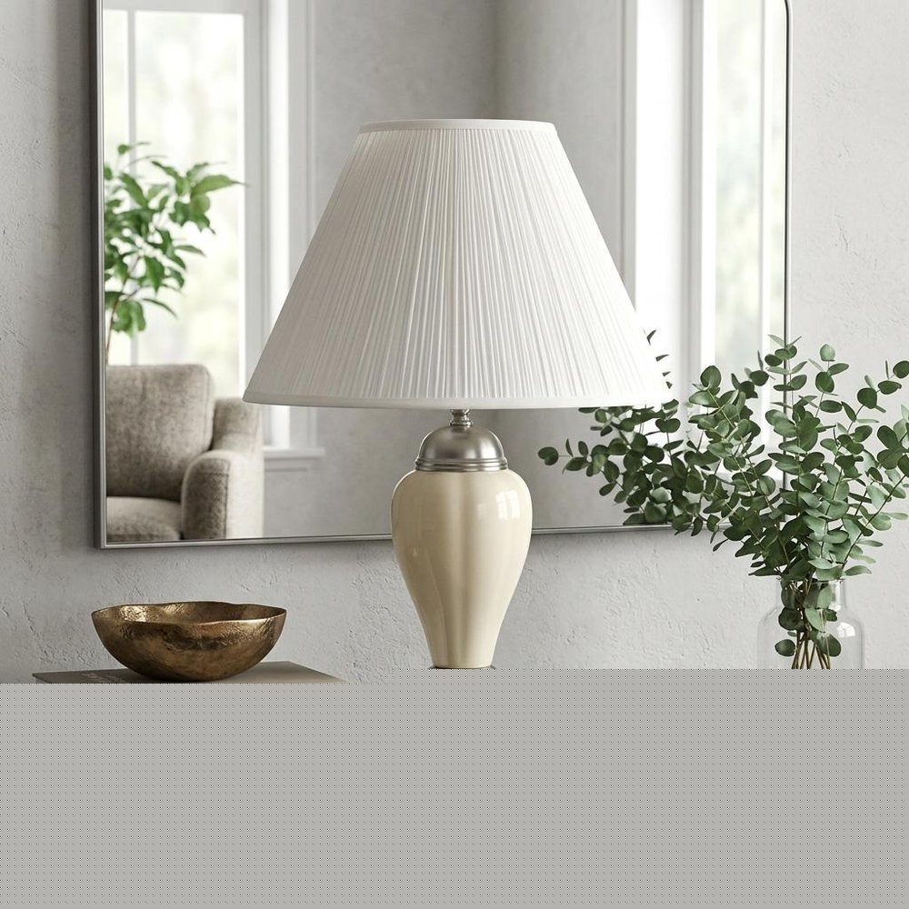 27" Ivory and Silver Ceramic Urn Table Lamp With White Empire Shade
