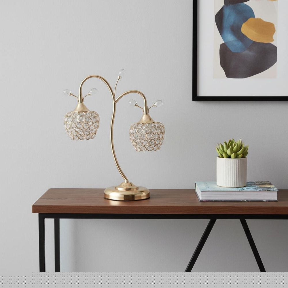 17" Gold Two Light Bedside Table Lamp With Clear Novelty Shade