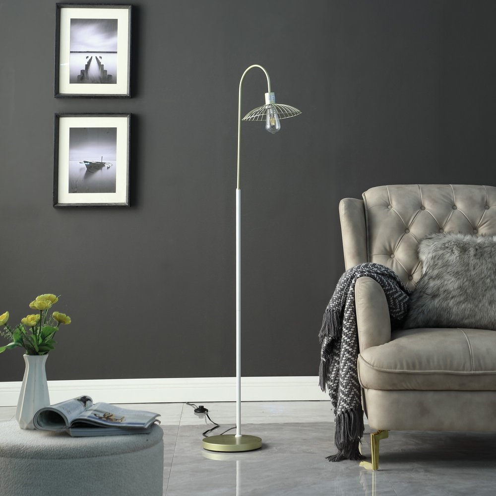64" Gold And White Arched Floor Lamp With Gold Metal Cage Shade