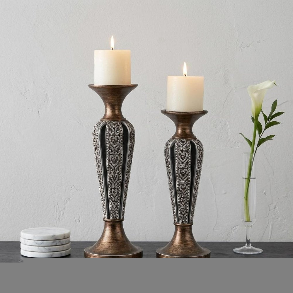 Set of Two Bronze and Silver Polyresin Hearts Centerpiece Pillar Candle Holders With Candle