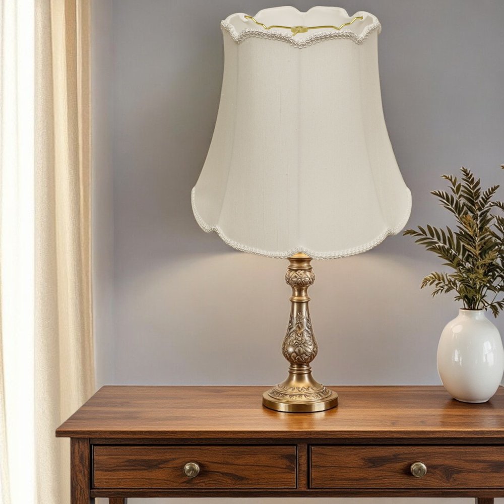 18" White Empire Slanted Cylinder Scroll Edge Silk Lampshade