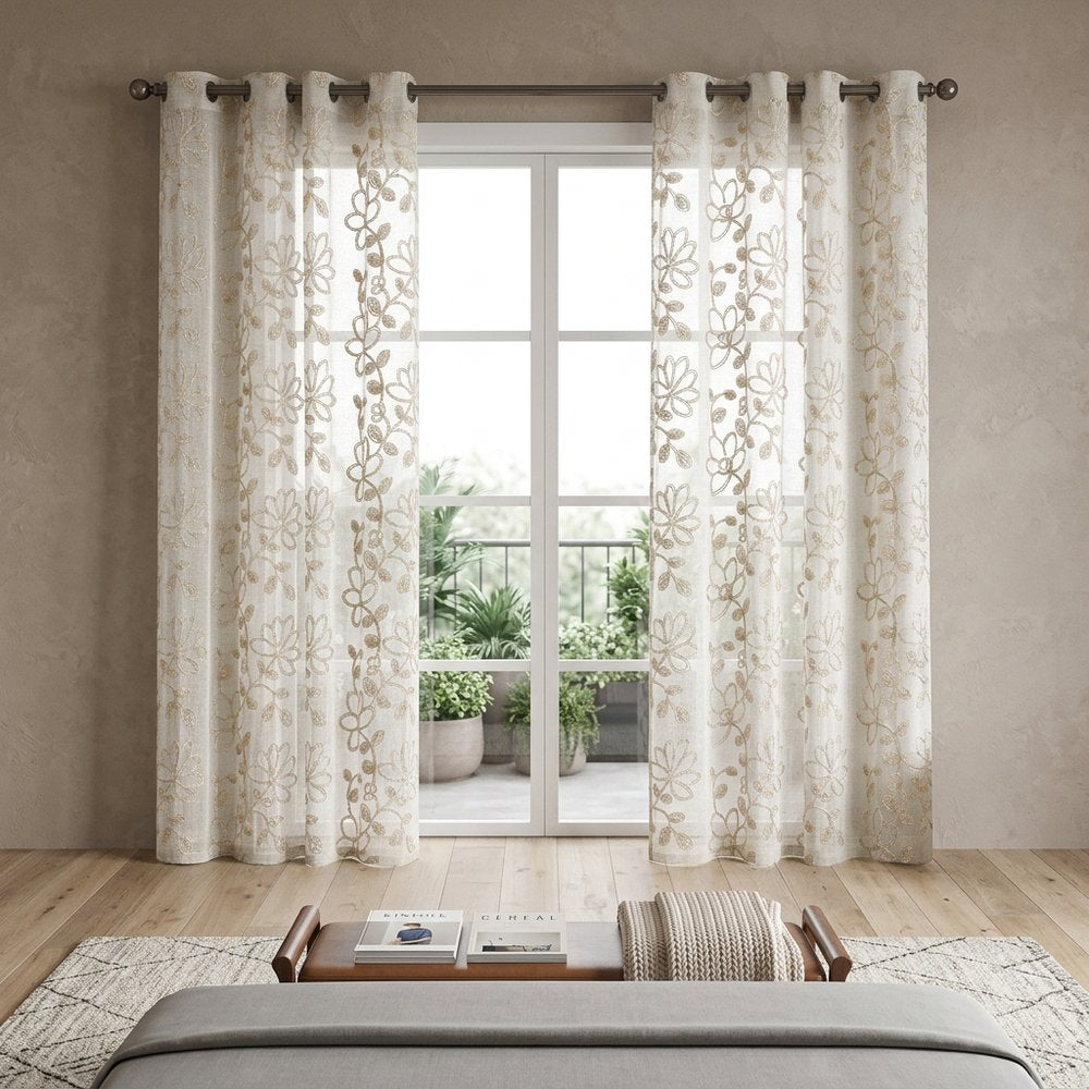 Set of Two 84"  Tan Floral Embroidered Window Panels