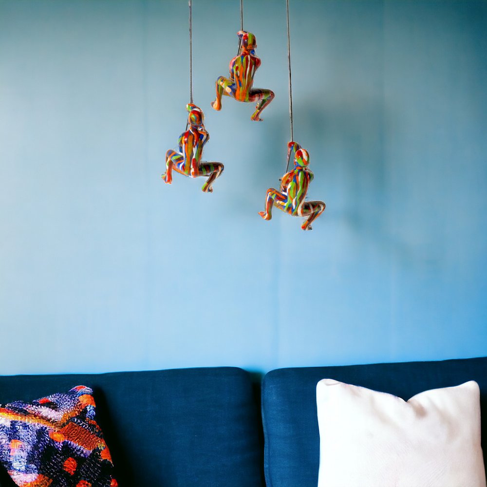 Set of Three Rainbow People Resin Climbing Man Hanging Dimensional Sculpture