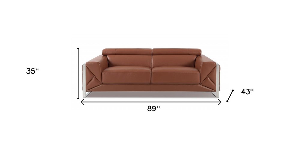 89" Black Italian Leather Sofa With Silver Legs