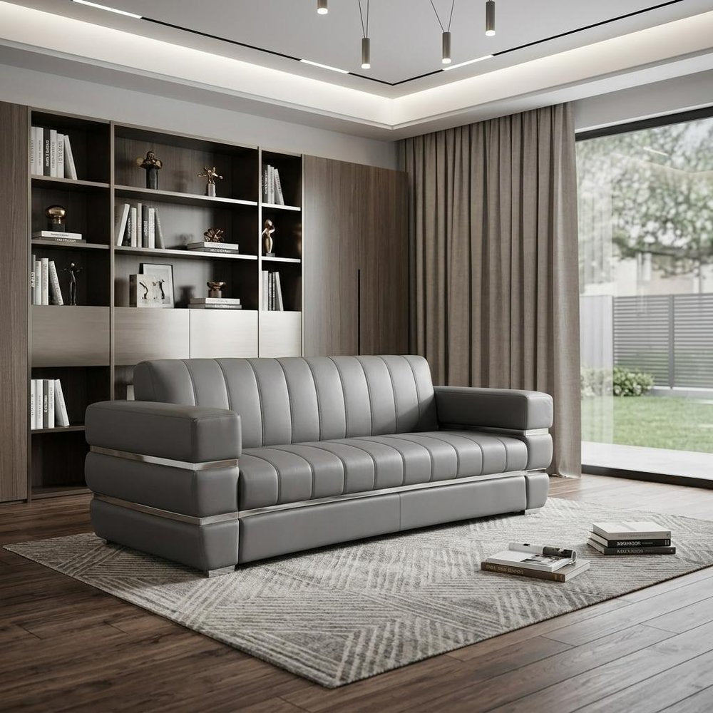 89" Camel Italian Leather Sofa With Silver Legs