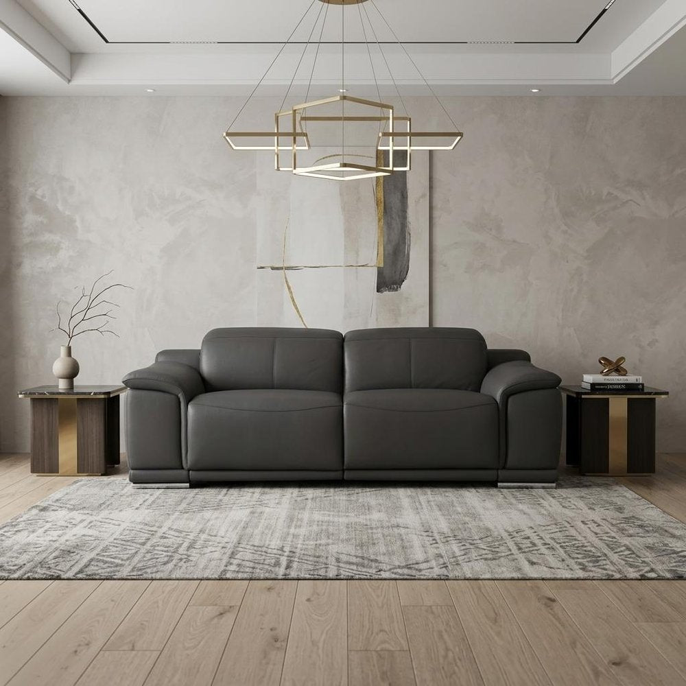 86" Camel Italian Leather USB Reclining Sofa With Silver Legs