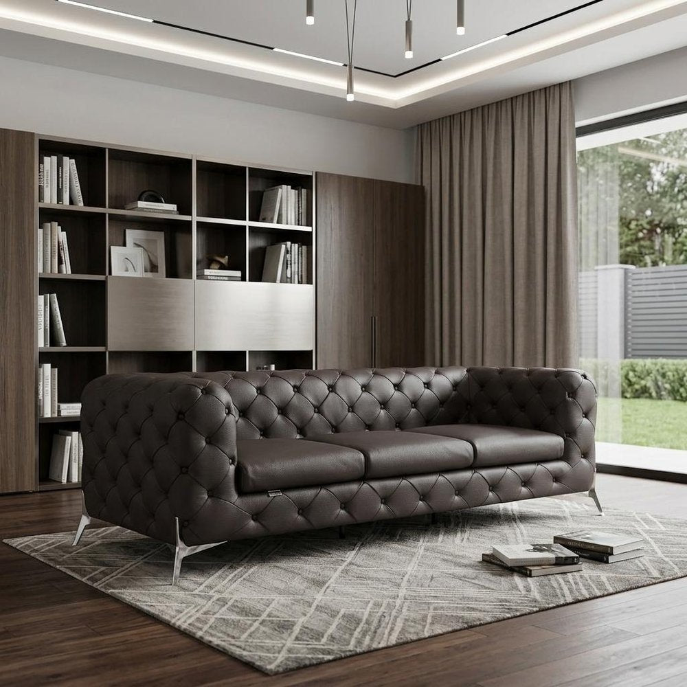 93" Black Italian Leather Chesterfield Sofa With Silver Legs