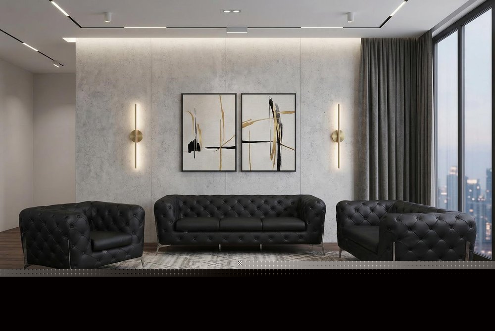 Three Piece Indoor Black Italian Leather Six Person Seating Set