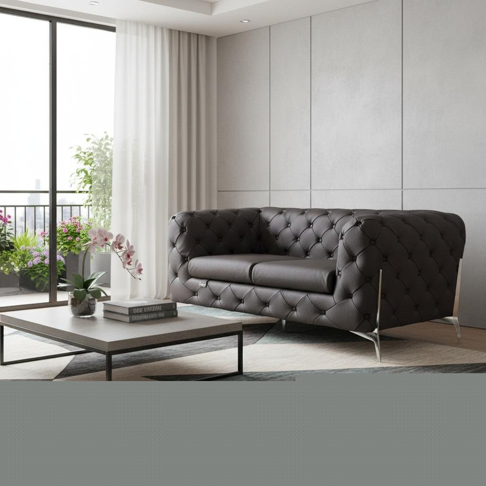 69" Brown And Silver Italian Leather Loveseat