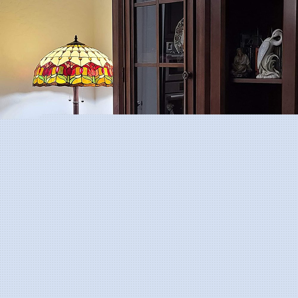 62" Brown Two Light Traditional Shaped Floor Lamp With Red Flowers Stained Glass Dome Shade