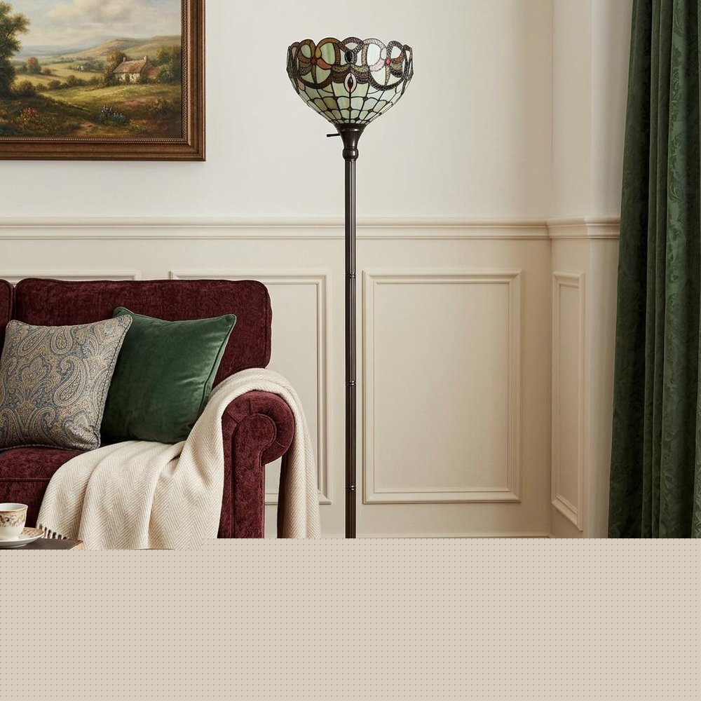 62" Beige Torchiere Floor Lamp With Red And White Flowers Glass Dome Shade