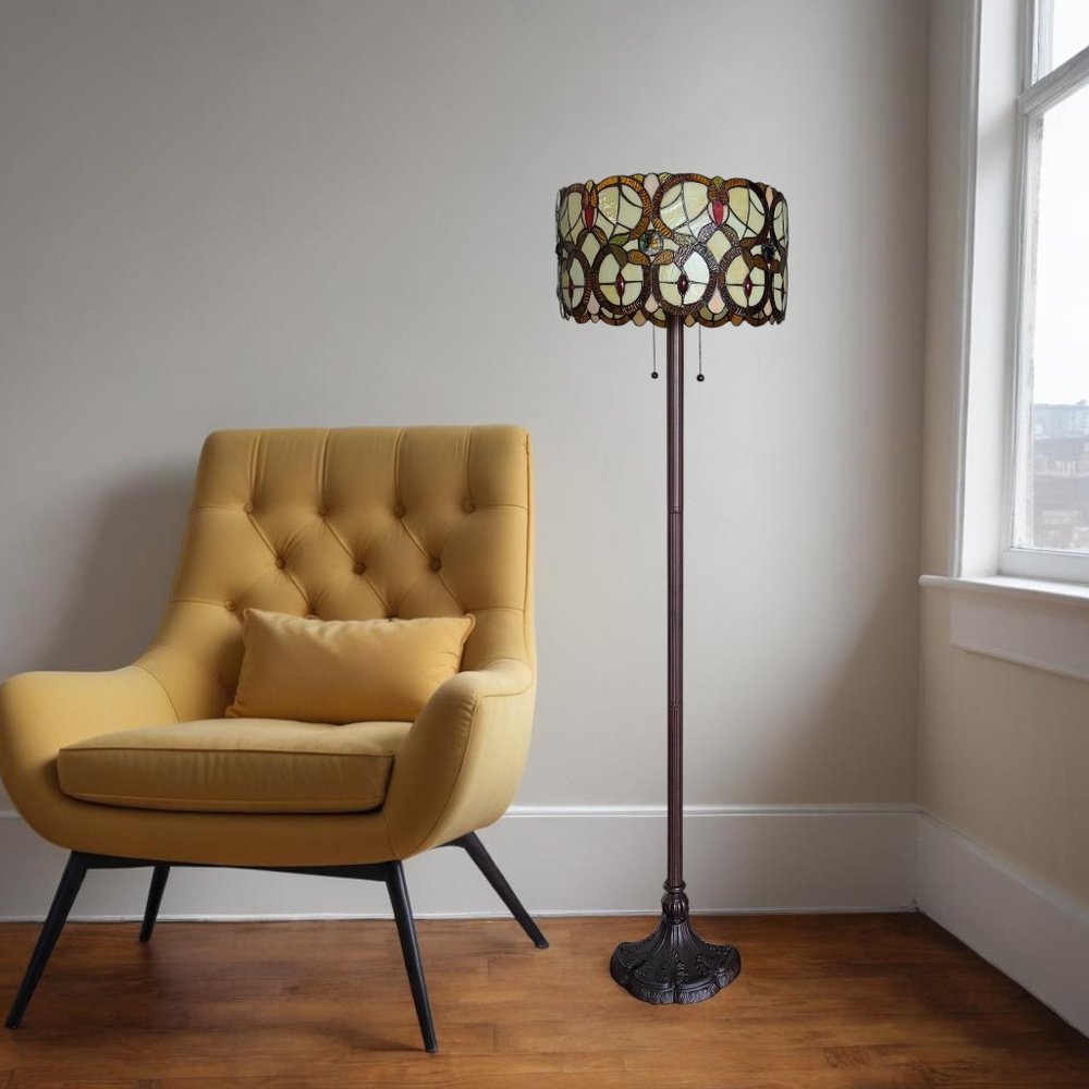 63" Beige Metal Two Light Torchiere Floor Lamp With Red And White Flowers Glass Drum Shade