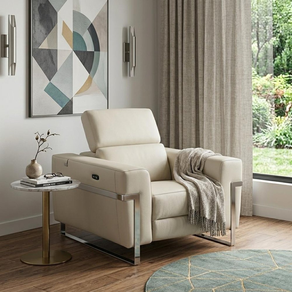 41" White Italian Leather Power Recliner Chair