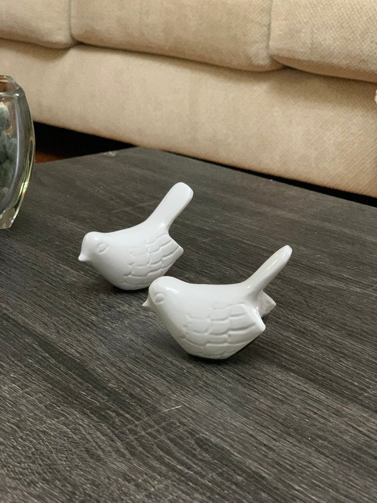 Set of Two White Metal Bird Tabletop Sculpture