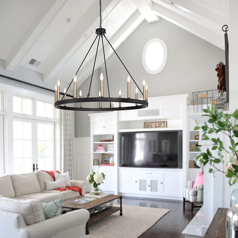 Black And Gold Candle Style Twelve Light Metal Dimmable Chandelier