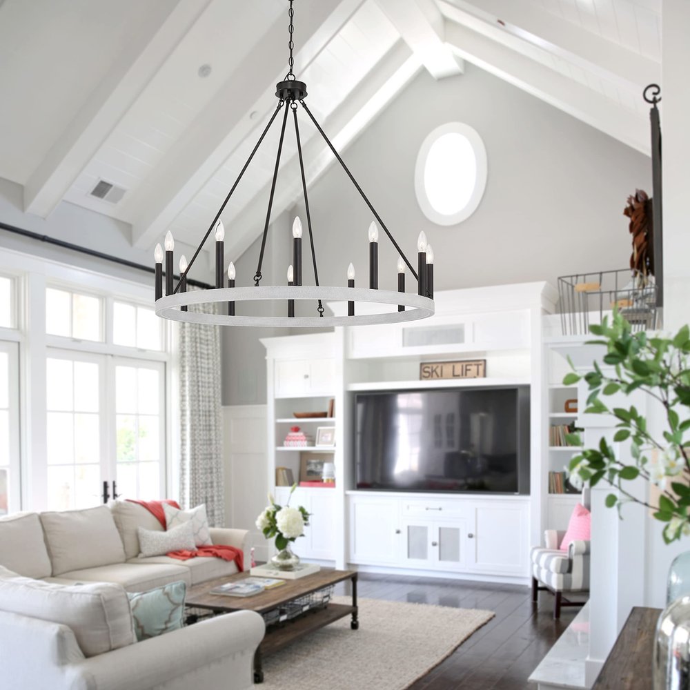 Black And White Candle Style Twelve Light Metal Dimmable Chandelier