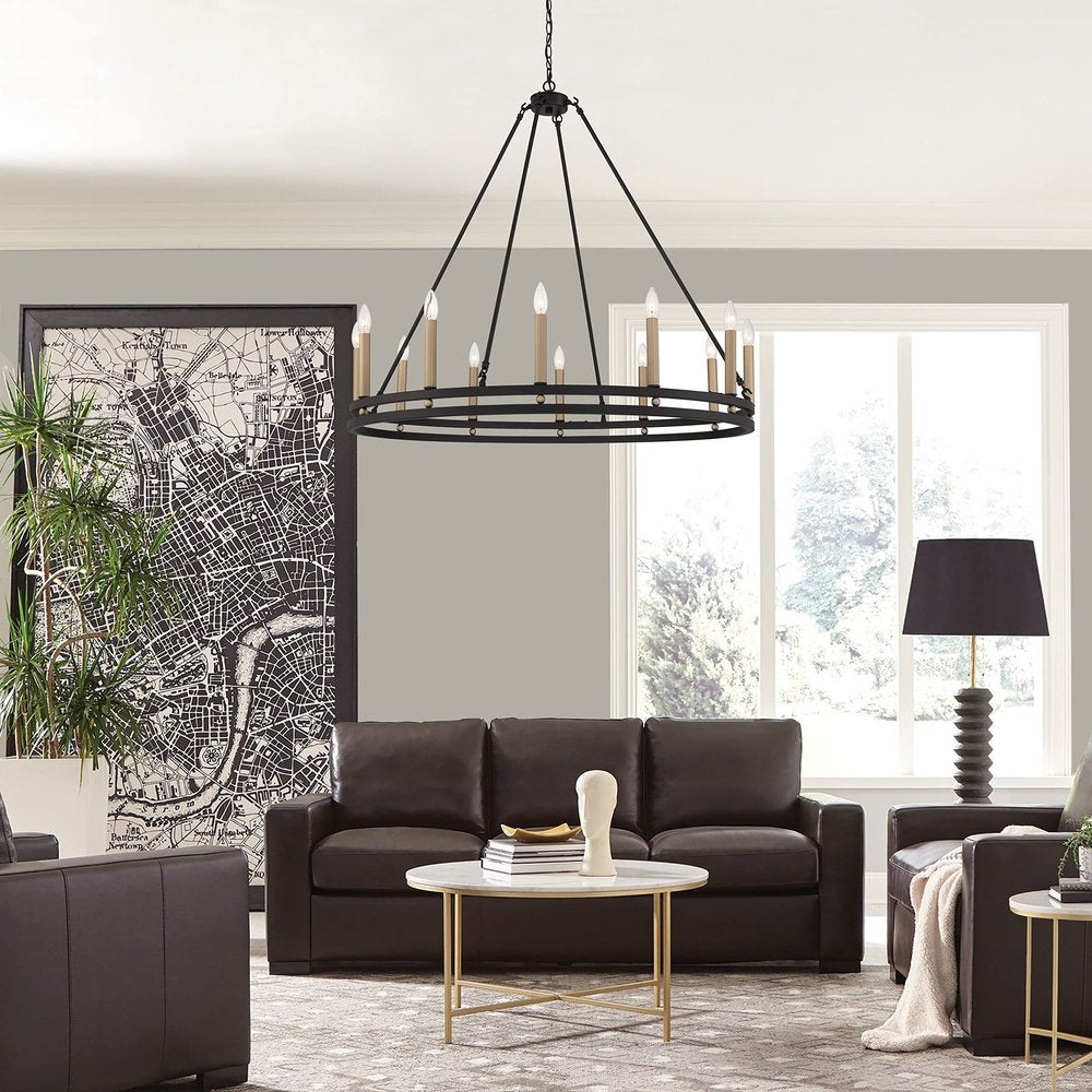 Black And Gold Candle Style Twelve Light Metal Dimmable Chandelier