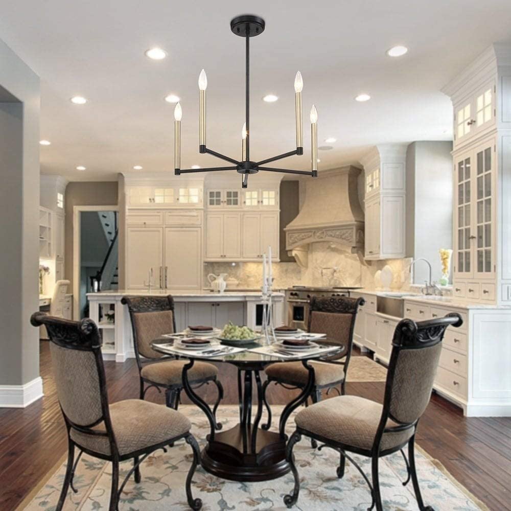 Black And Gold Candle Style Five Light Metal Dimmable Chandelier