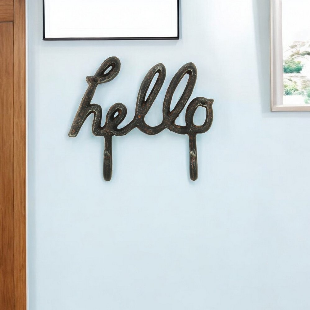 7" X 7" Black Handcrafted Hello Metal With Hooks