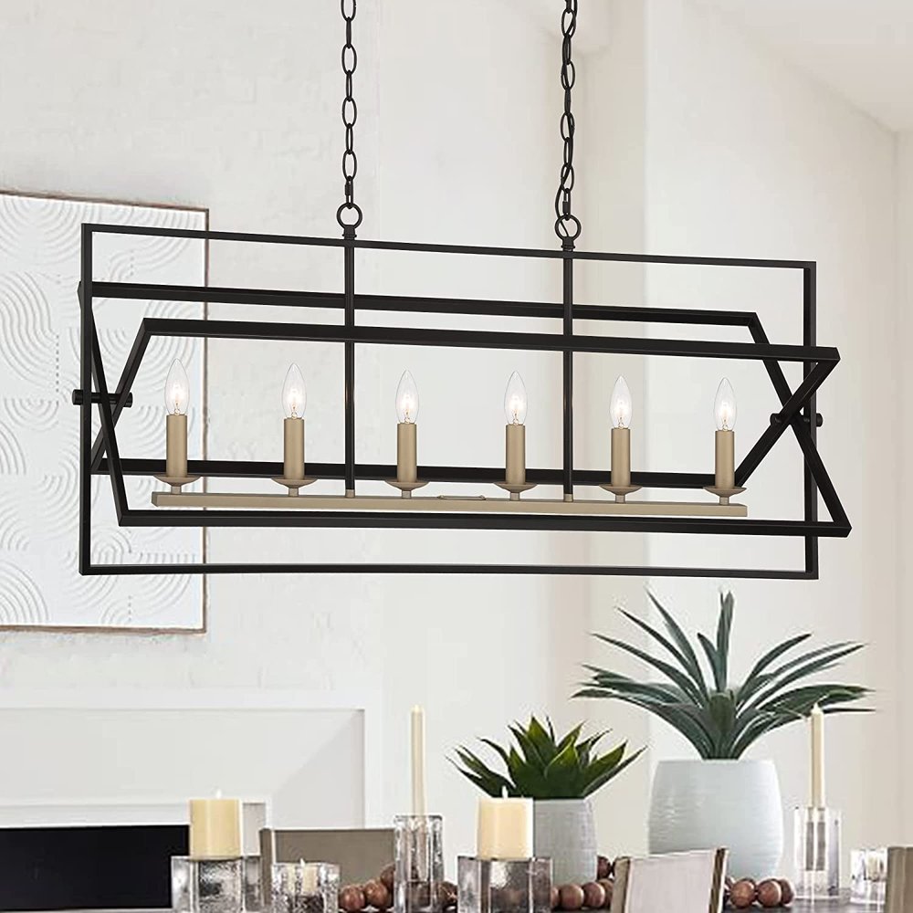 Black And Gold Kitchen Island Six Light Metal Dimmable Chandelier