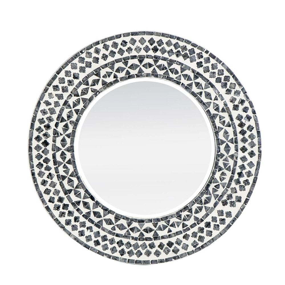 24" Black And White Round Wood And Shell Framed Accent Mirror