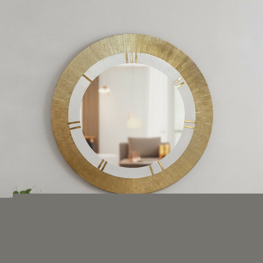 36" Gold and White Round Aluminum Ribbed Edge Framed Accent Mirror