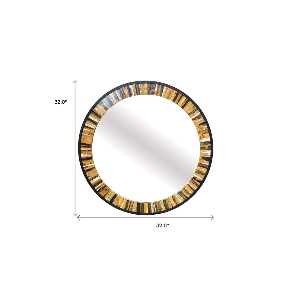 32" Brown and Black Faux Stone Round Framed Accent Mirror
