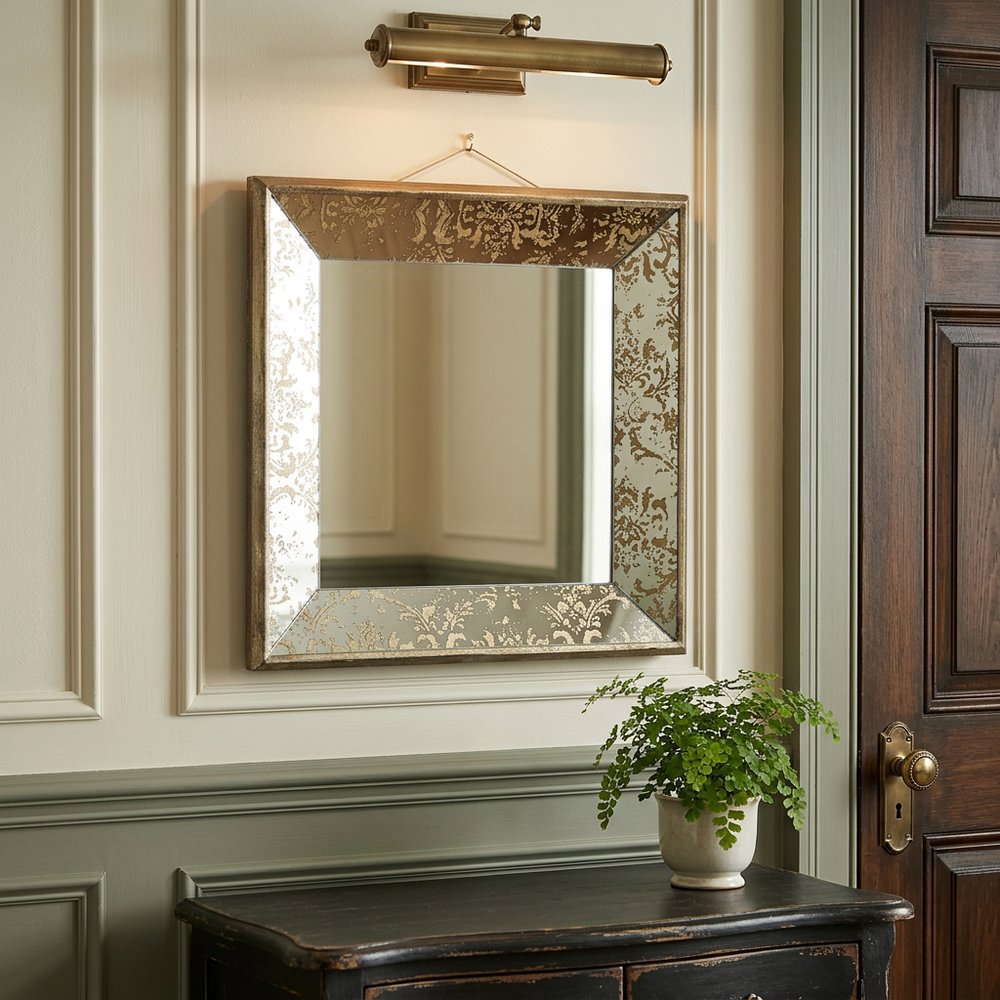 15" Brown Square Framed Antiqued Damask Accent Mirror