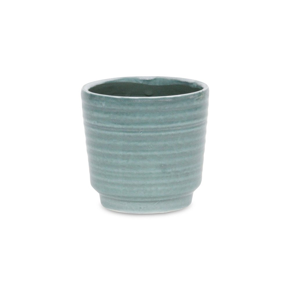 Green Ceramic 23 Ounce Striped Round Distressed Pot Planter