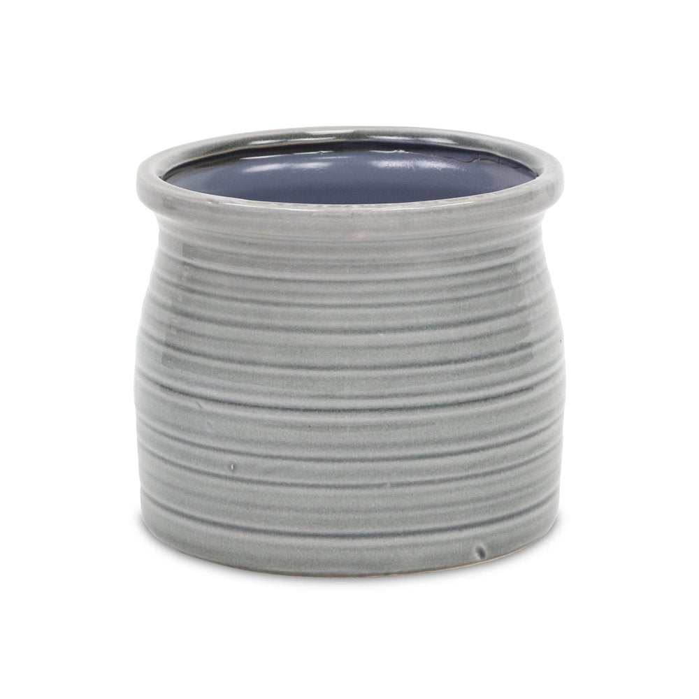 Gray Ceramic 51 Ounce Striped Round Distressed Pot Planter