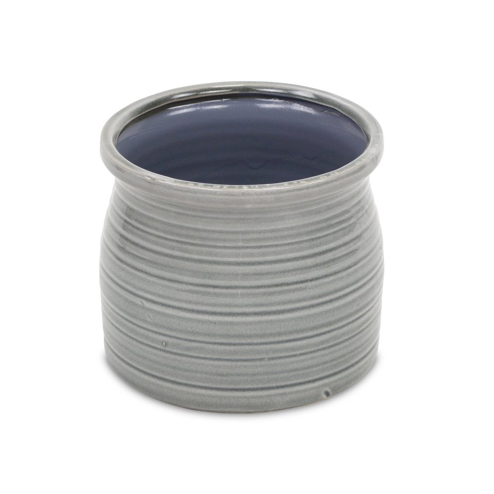 Gray Ceramic 51 Ounce Striped Round Distressed Pot Planter