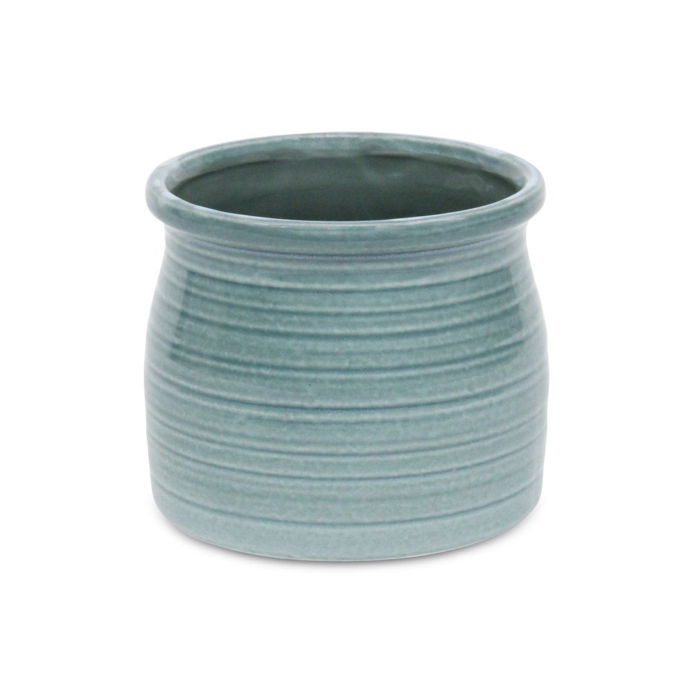 Celadon Ceramic 51 Ounce Striped Round Distressed Pot Planter