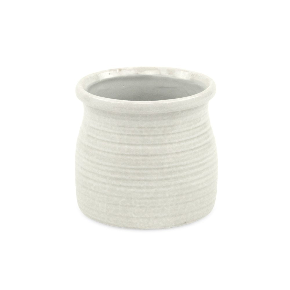 White Ceramic 25 Ounce Striped Round Distressed Pot Planter