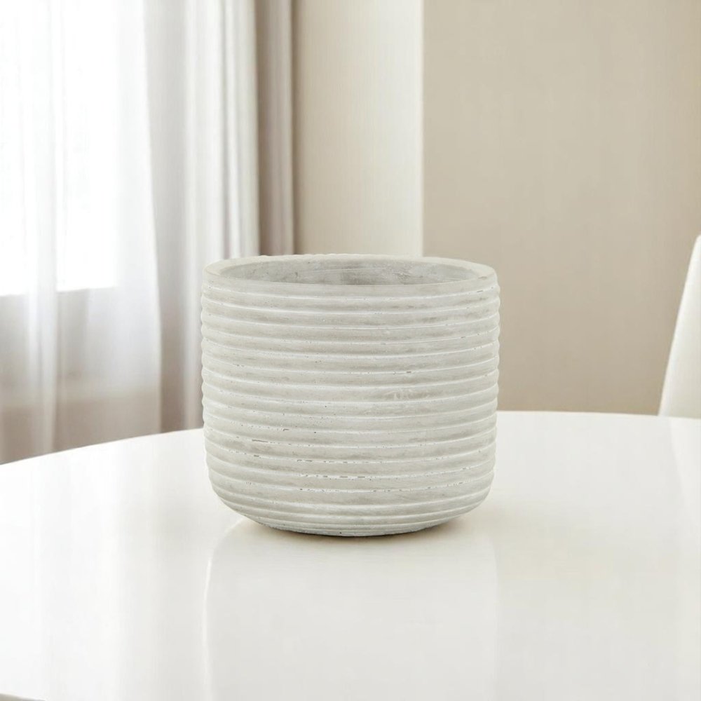 Light Gray Cement 39 Ounce Striped Round Distressed Pot Planter