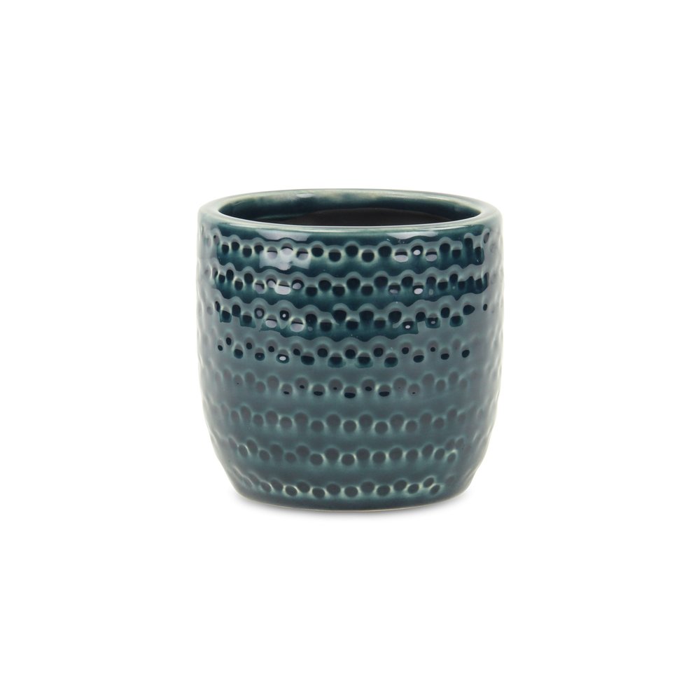 Teal Blue Ceramic 17 Ounce Dotted Round Distressed Pot Planter