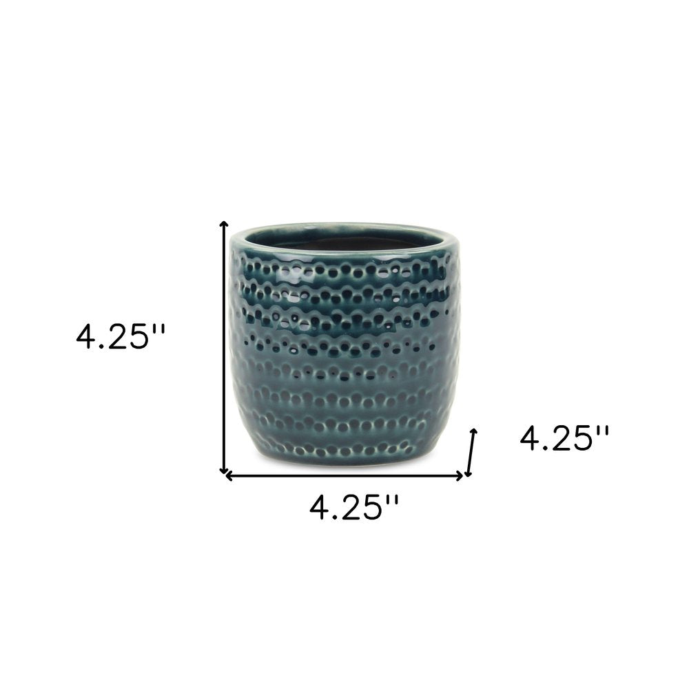 Teal Blue Ceramic 17 Ounce Dotted Round Distressed Pot Planter