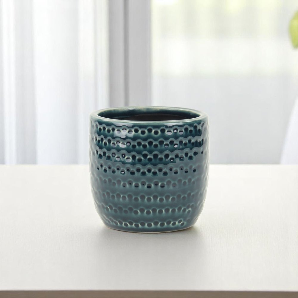 Teal Blue Ceramic 17 Ounce Dotted Round Distressed Pot Planter