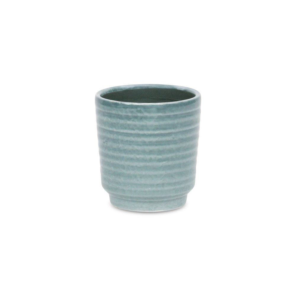 Green Ceramic 15 Ounce Striped Round Distressed Pot Planter