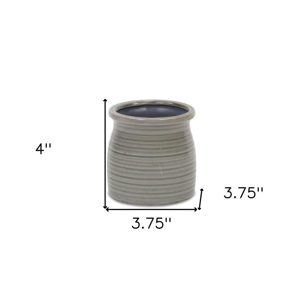 Gray Ceramic 15 Ounce Striped Round Distressed Pot Planter