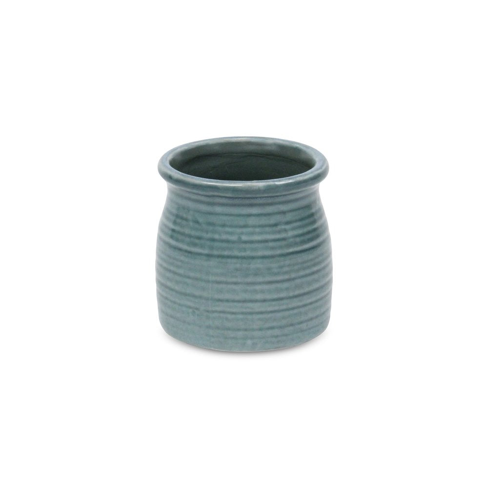 Green Ceramic 12 Ounce Striped Round Distressed Pot Planter