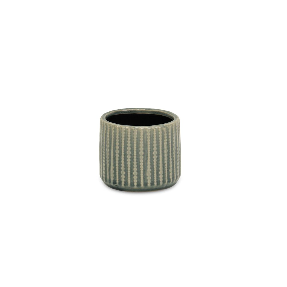 Beige And Green Ceramic 12 Ounce Striped Round Distressed Pot Planter