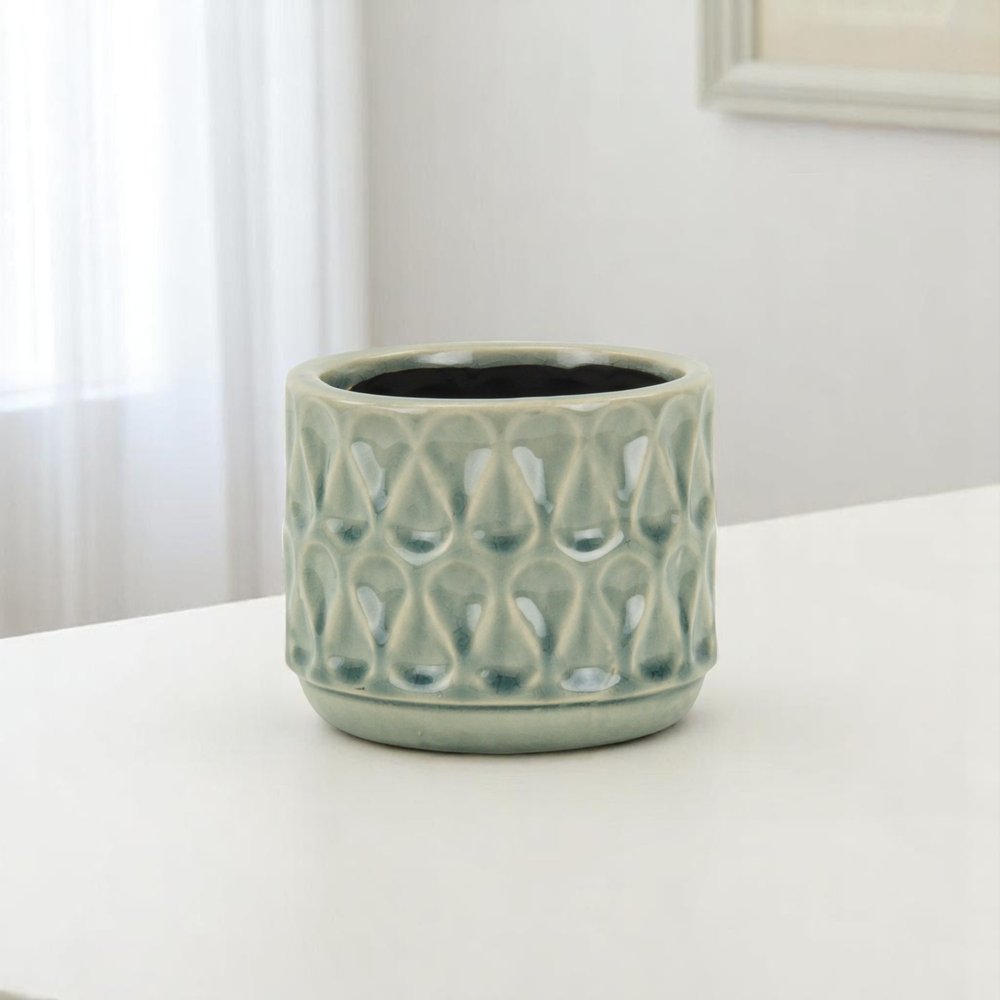 Green Ceramic 22 Ounce Geometric Round Distressed Pot Planter