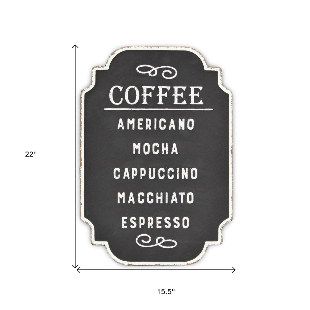 22" X 16" Black and White Types Of Coffee Metal Wall Decor