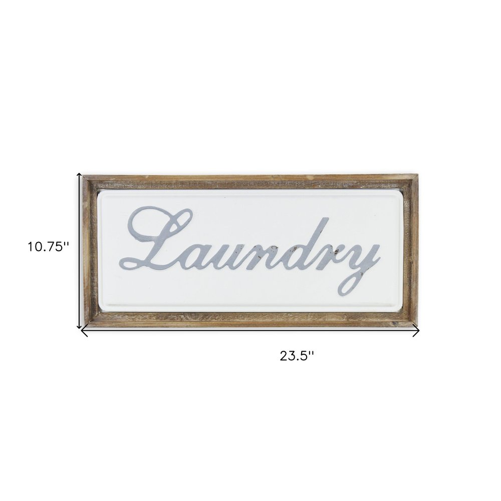 11" X 24" Brown and White Laundry Wood and Metal Wall Decor